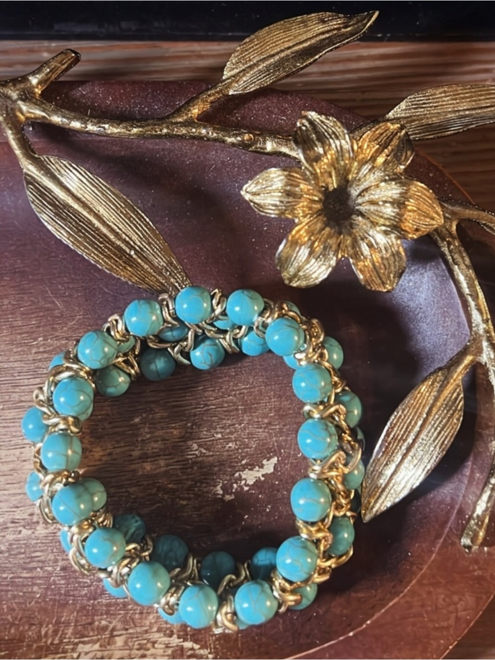 Gold Chain Turquoise Bead Stretch Bracelet - Elegant Women’s Jewelry